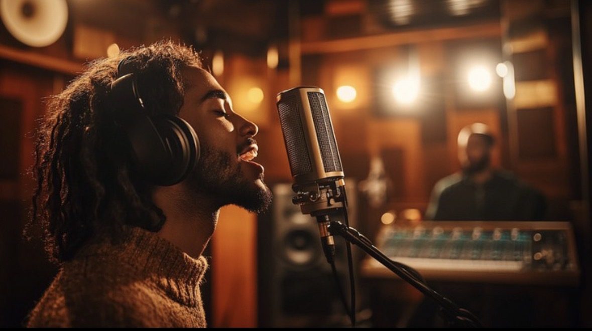 Chanteur en pleine session d'enregistrement dans un studio, casque sur les oreilles