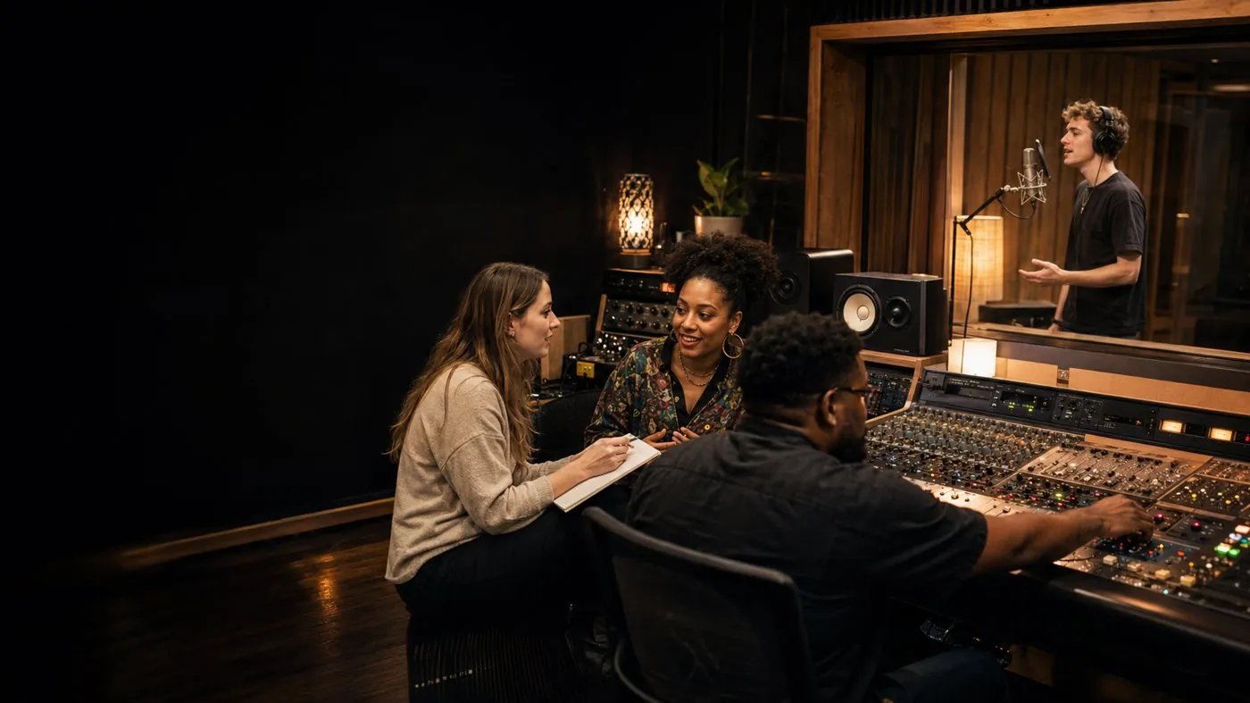 Équipe de production musicale collaborant en studio
